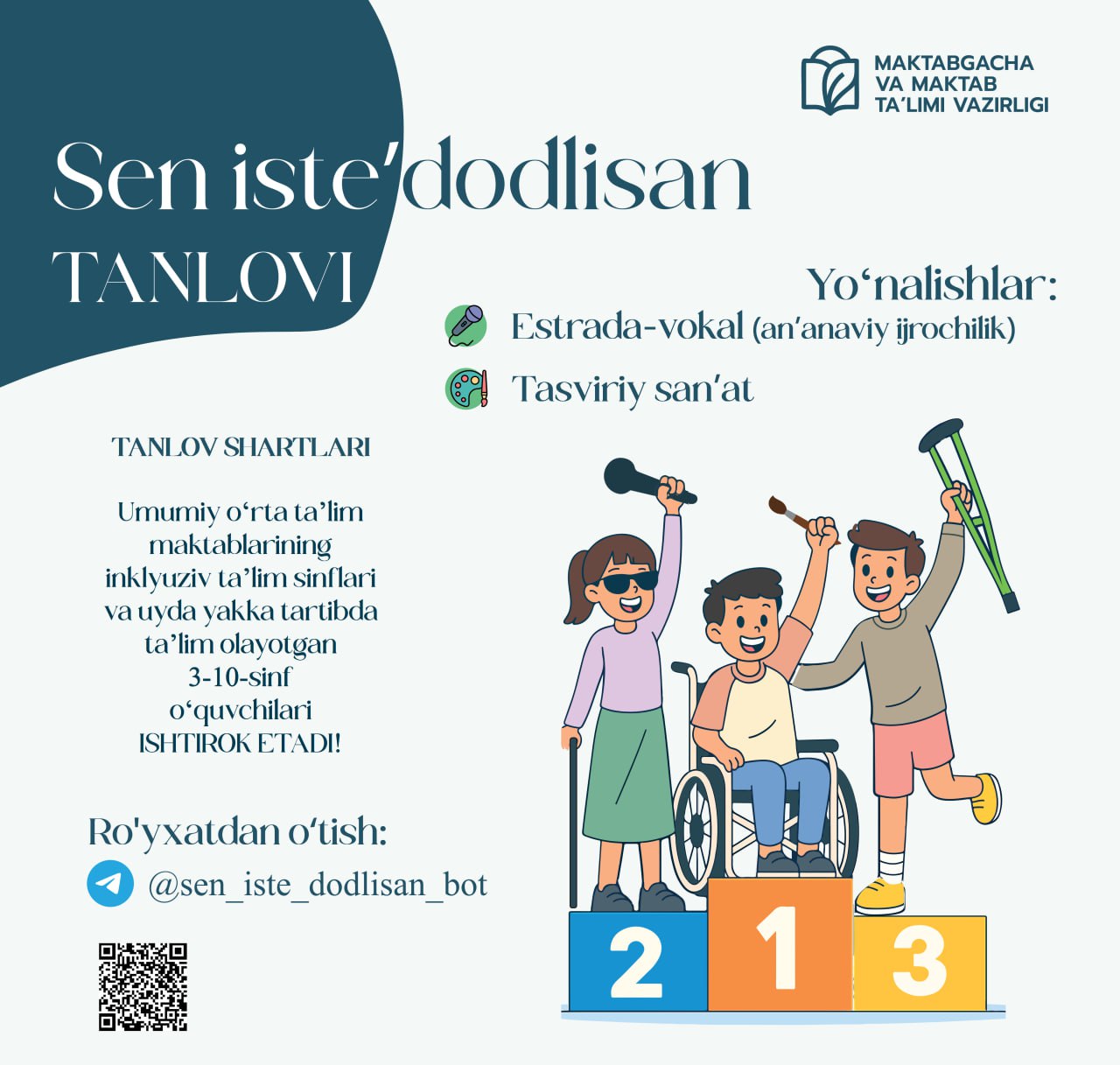 🔔 Joriy yilning oktabr–noyabr oylarida ilk bor  “Sen iste’dodlisan” tanlovi bo‘lib o‘tadi.